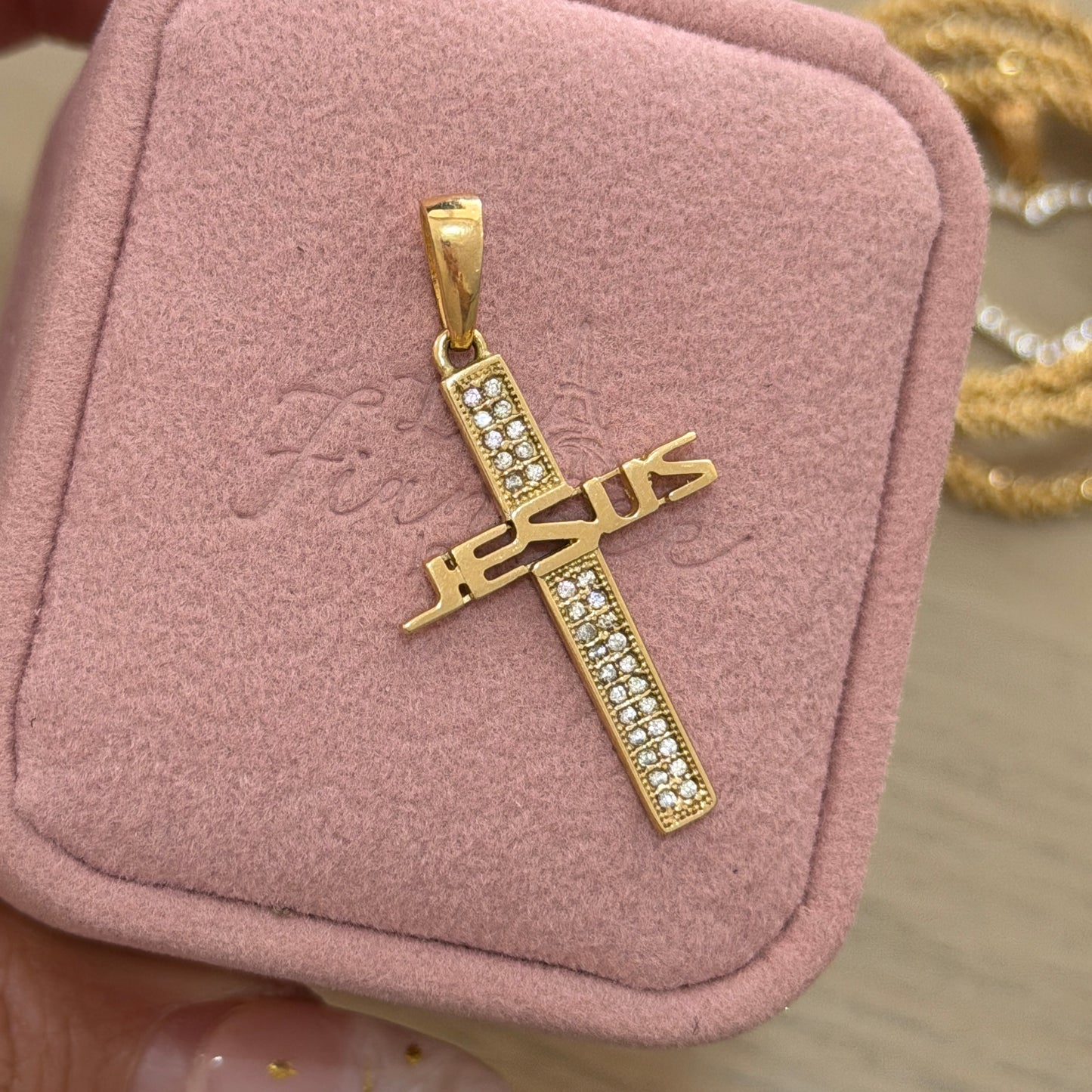 DIJE CRUZ PIEDRAS BLANCAS JESUS 3,5CM ORO AMARILLO 18K - 2,42GR