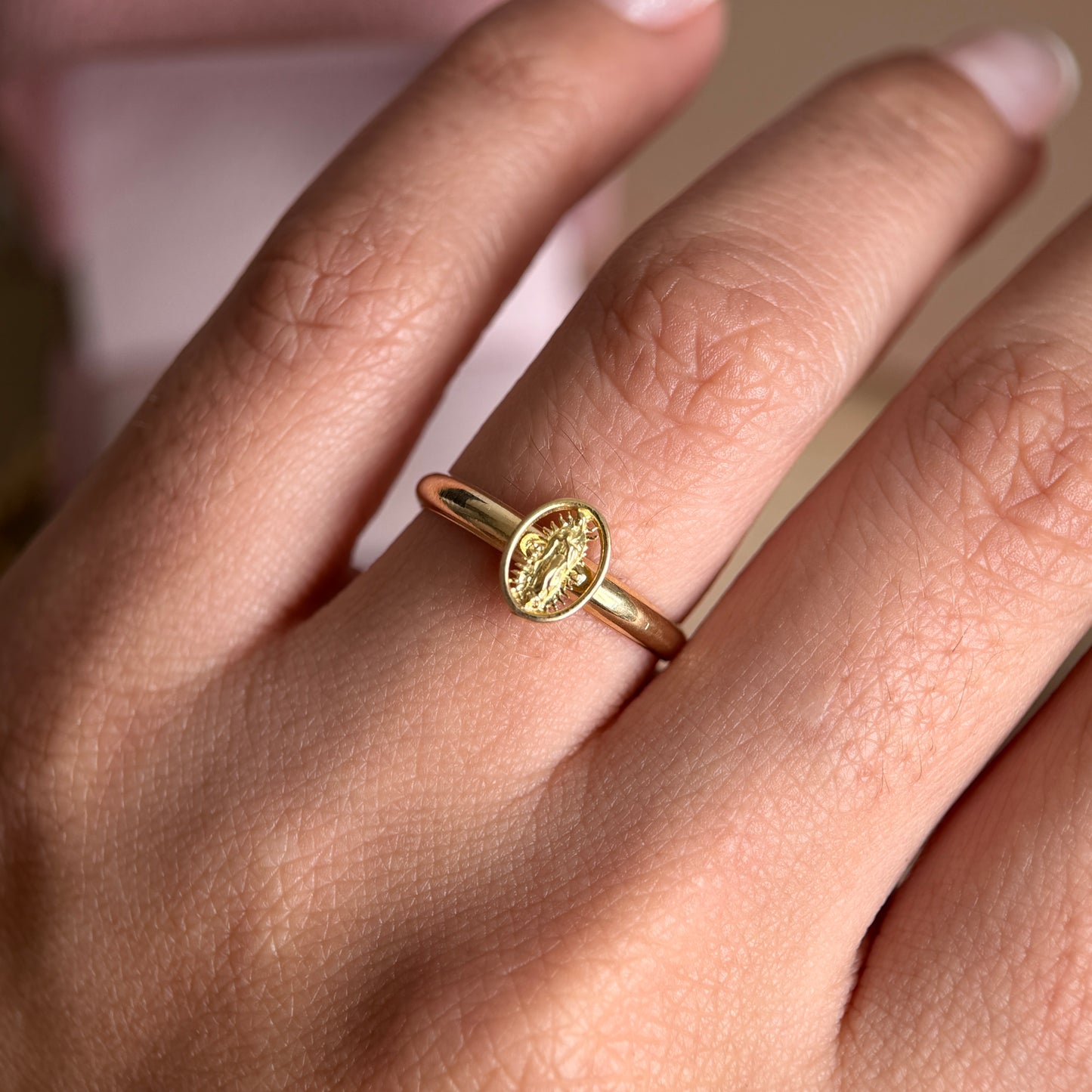 VIRGIN OF GUADALUPE RING 6MM YELLOW GOLD COL 18K SIZE 7 - 0.97GR