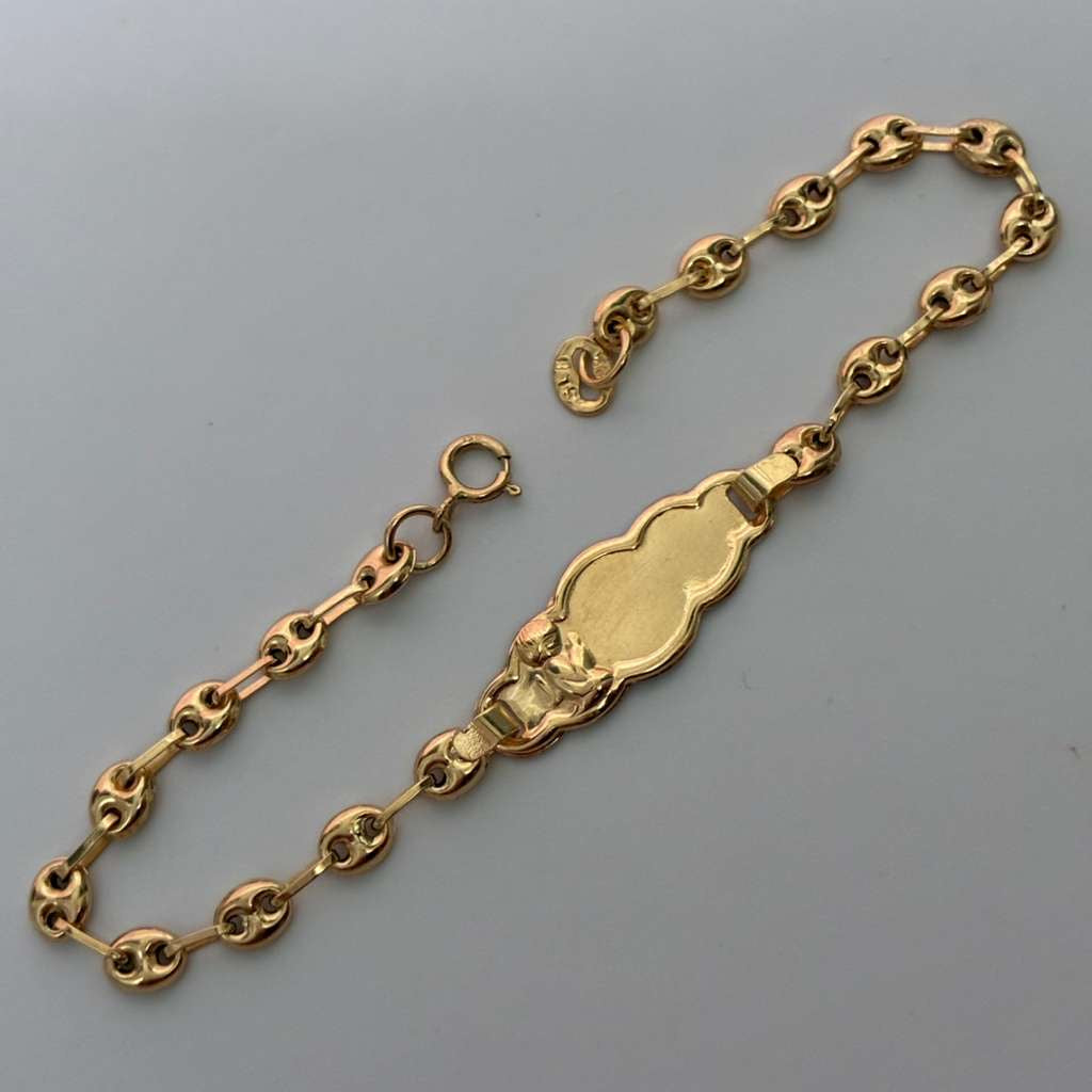 PULSERA PARA BEBE GRANO DE CAFE + PLACA NUBE LISA CON ANGEL ORO AMARILLO COL ESP 18K 15CM - 2,03GR