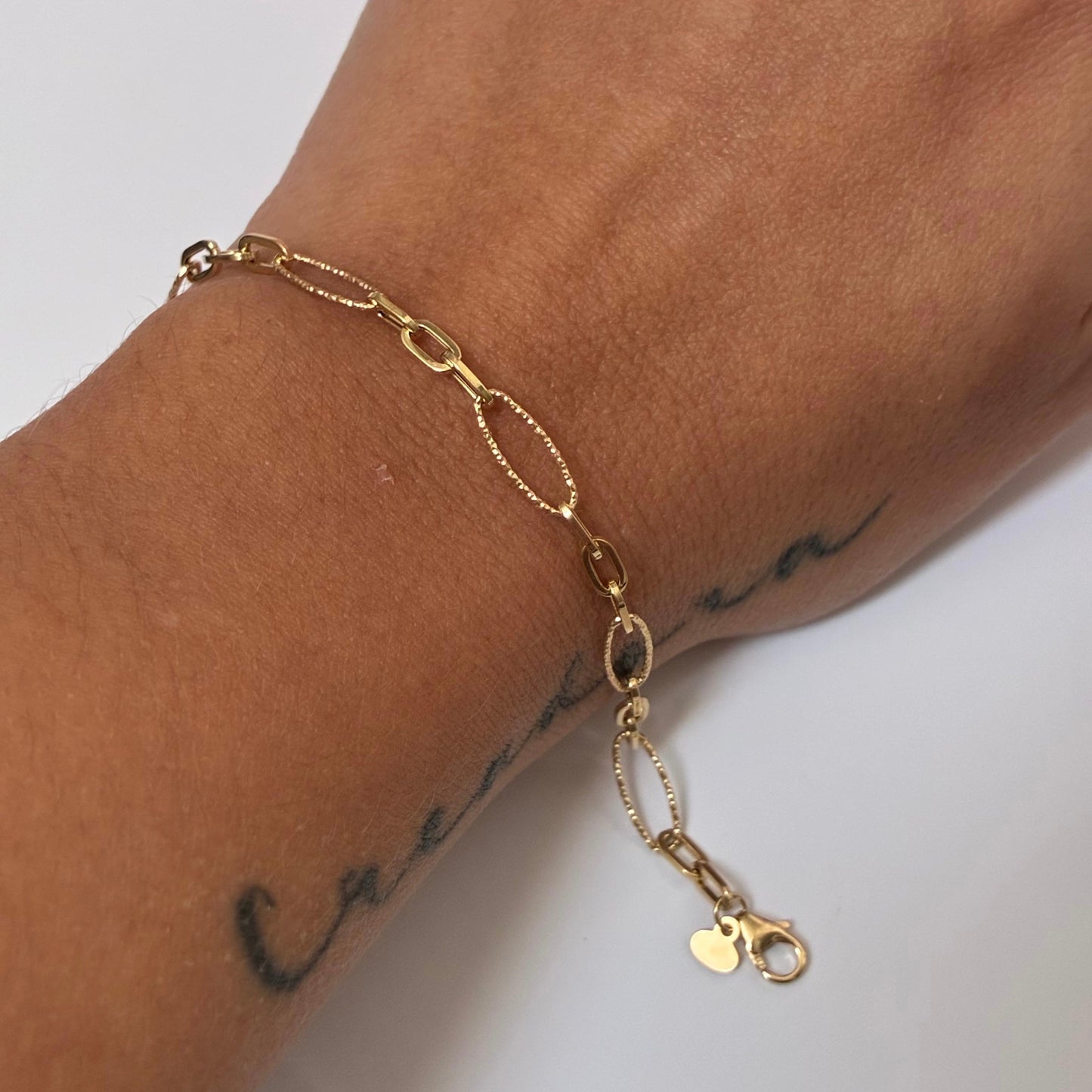 3MM PLAIN AND DIAMOND PAPER CLIP BRACELET YELLOW GOLD ITALY ESP 18K 19CM - 2.74GR