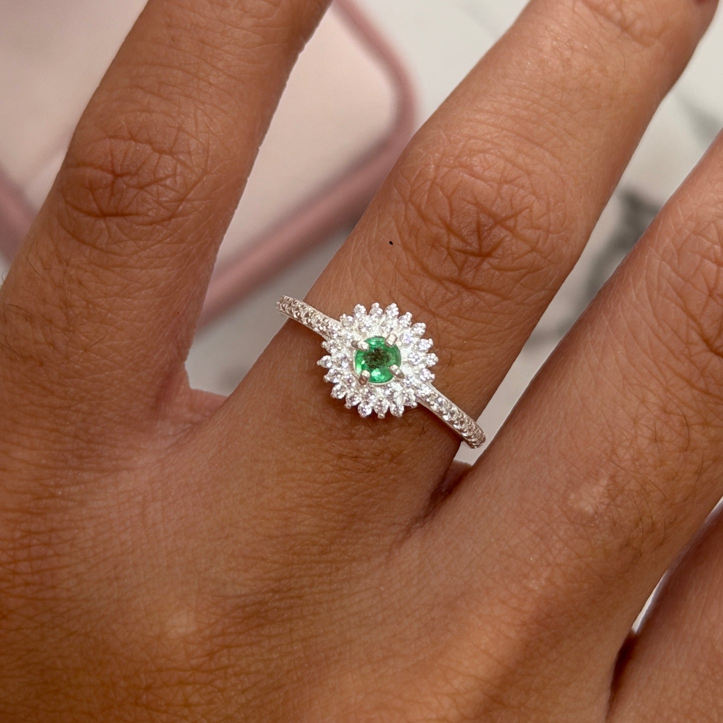Flower ring with white stones, 925 silver + natural emerald, size 6