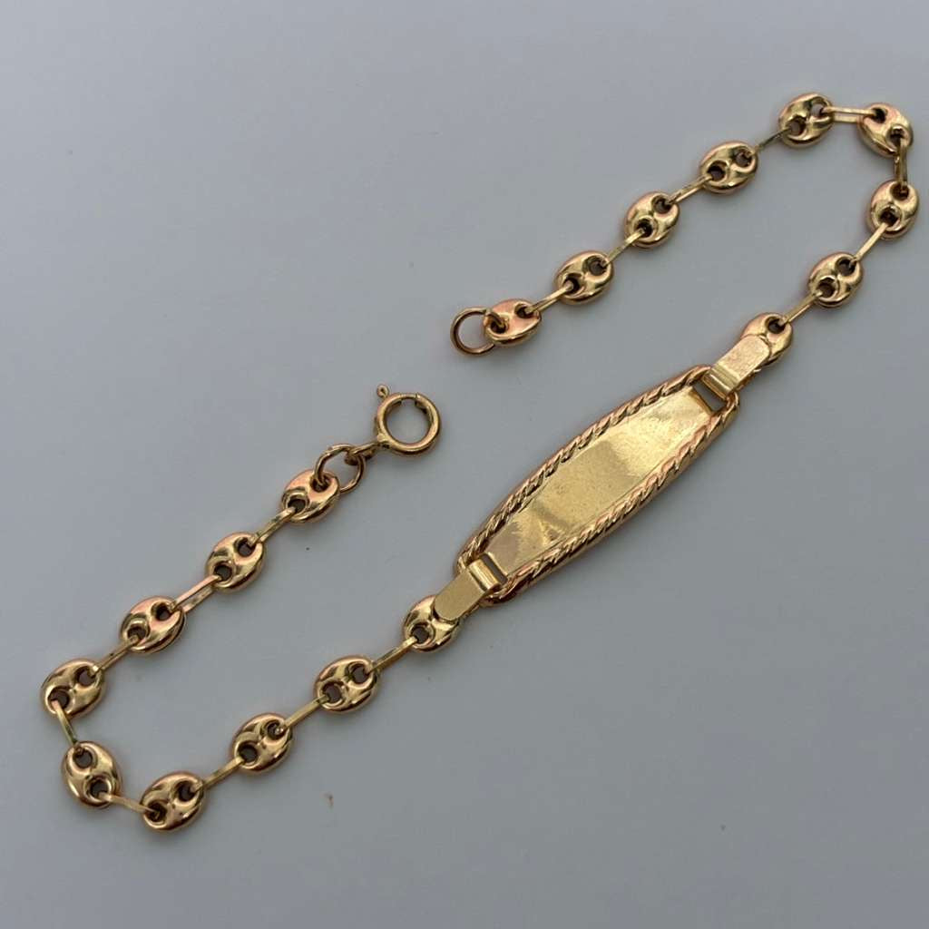 PULSERA PARA BEBE GRANO DE CAFE + PLACA LISA OVALADA DIAMANTADA ORO AMARILLO COL ESP 18K 13.5CM - 1,55GR