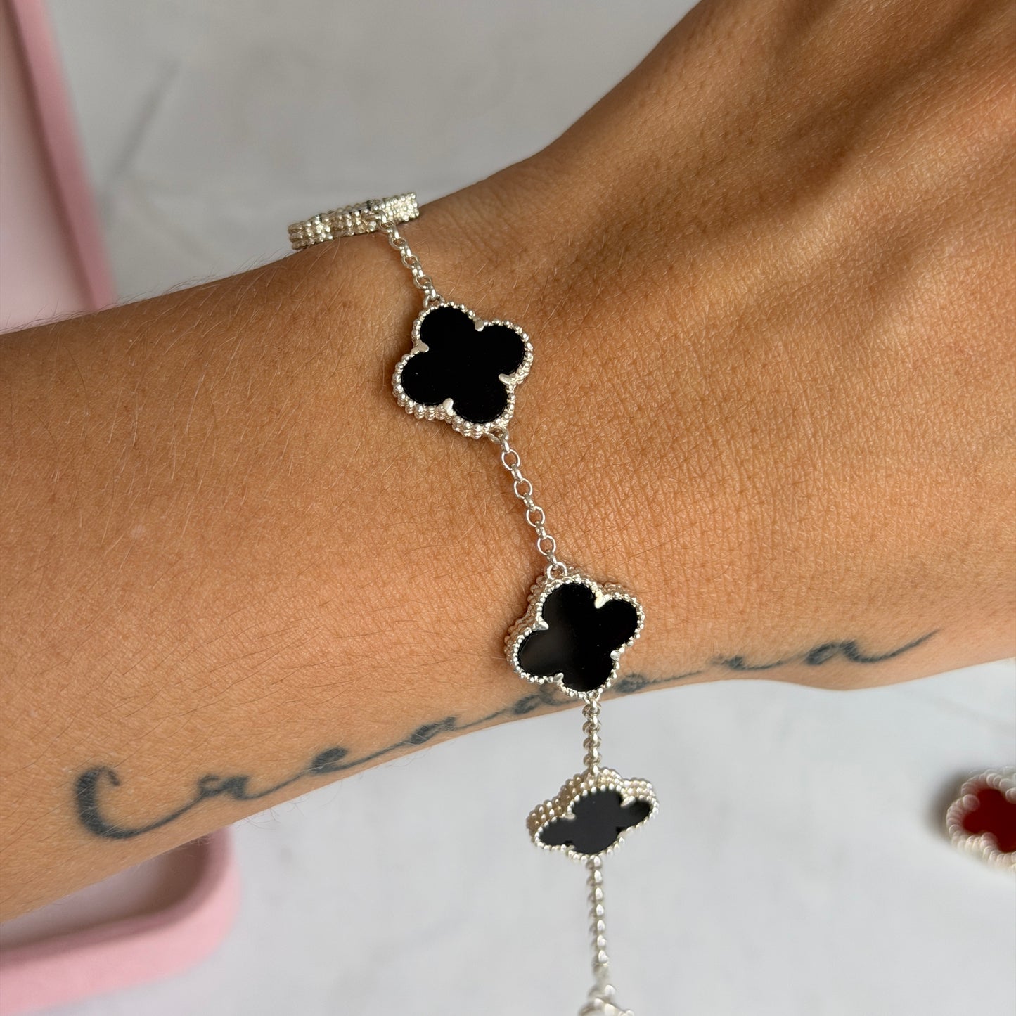 BRACELET 5 CLOVERS BLACK STONE 925 SILVER - 18CM