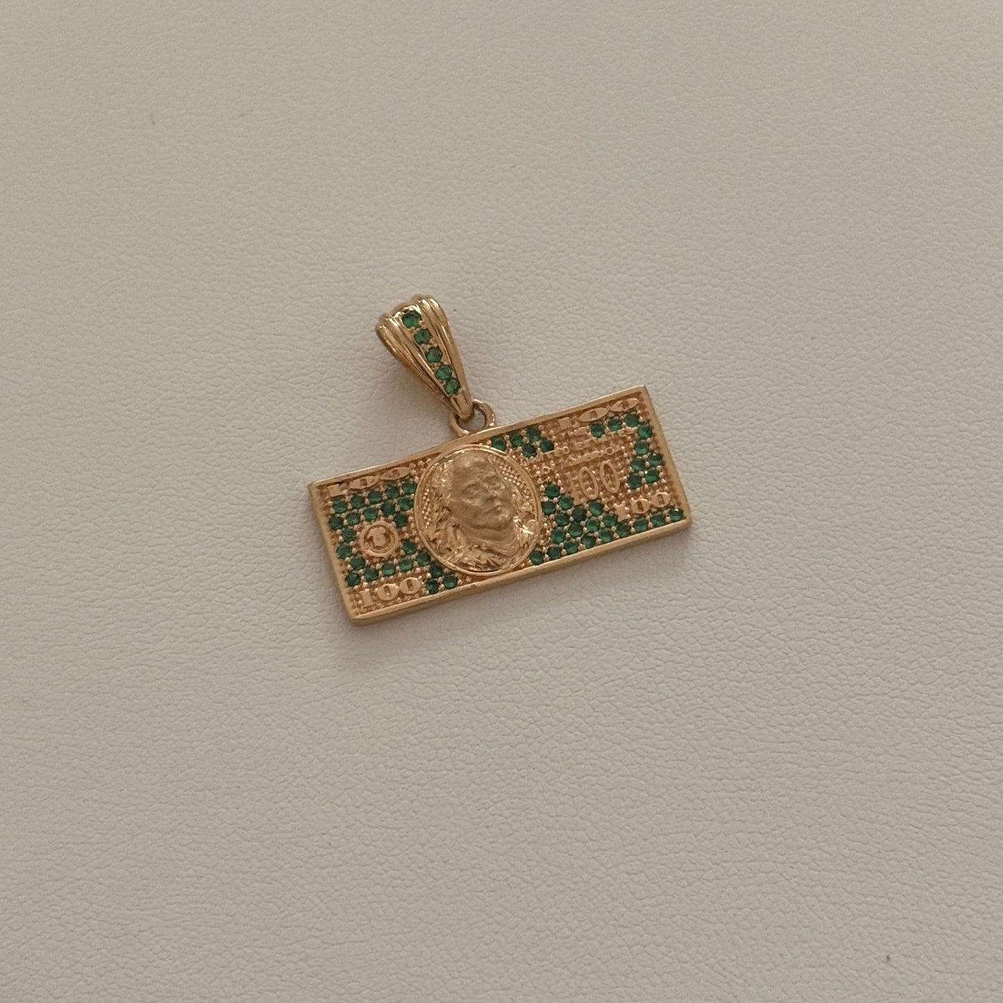 $100 Dollar Pendant with Green Cubic Zirconia, 2.1cm, 18K Yellow Gold - 3.45g *BD*