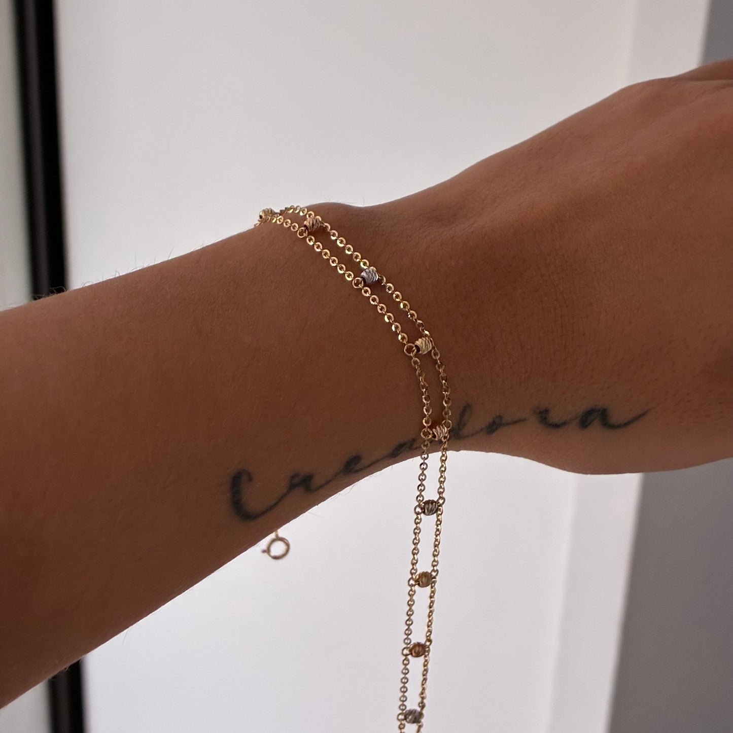 TOBILLERA MINI ROLON + BOLAS DIAMANTADAS TRES OROS ITALY 18K 23CM - 25,5CM - 3,0GR