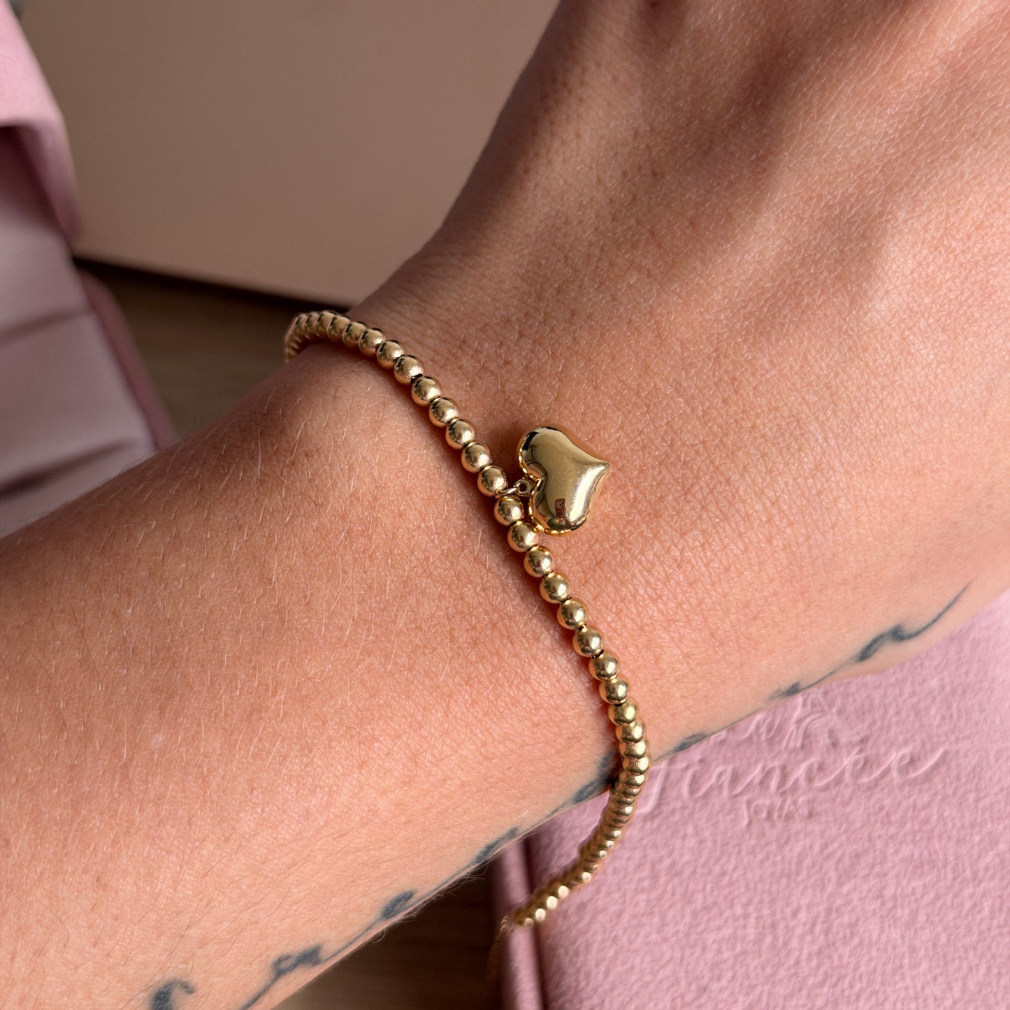 SMOOTH BEAD BRACELET 3MM + SMOOTH HEART CHARM YELLOW GOLD ITALY ESP 18K 17CM TO 20CM - 1.54GR