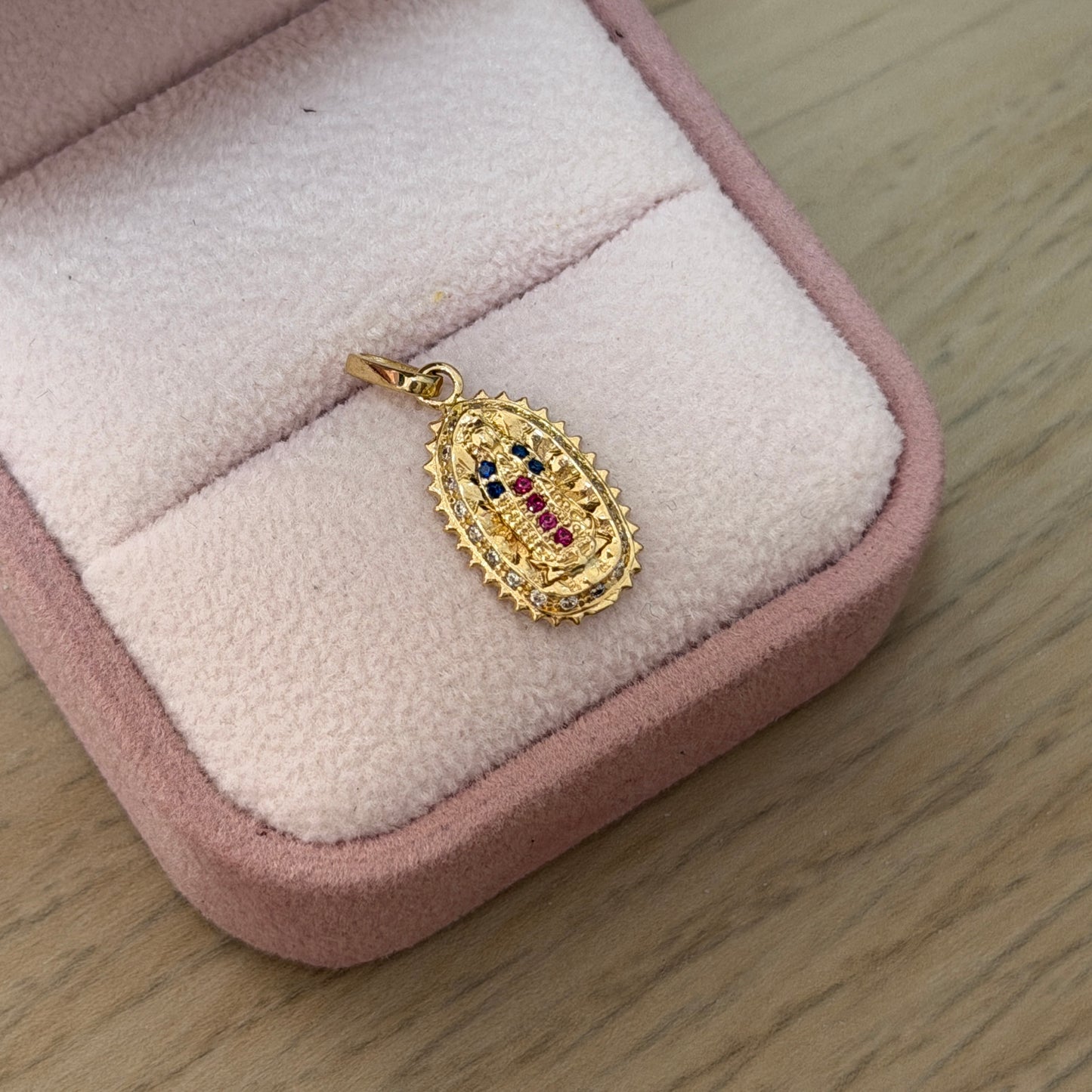 VIRGIN OF GUADALUPE PENDANT SILHOUETTE WHEAT EARS BLUE STONES 18K YELLOW GOLD - 1.41GR