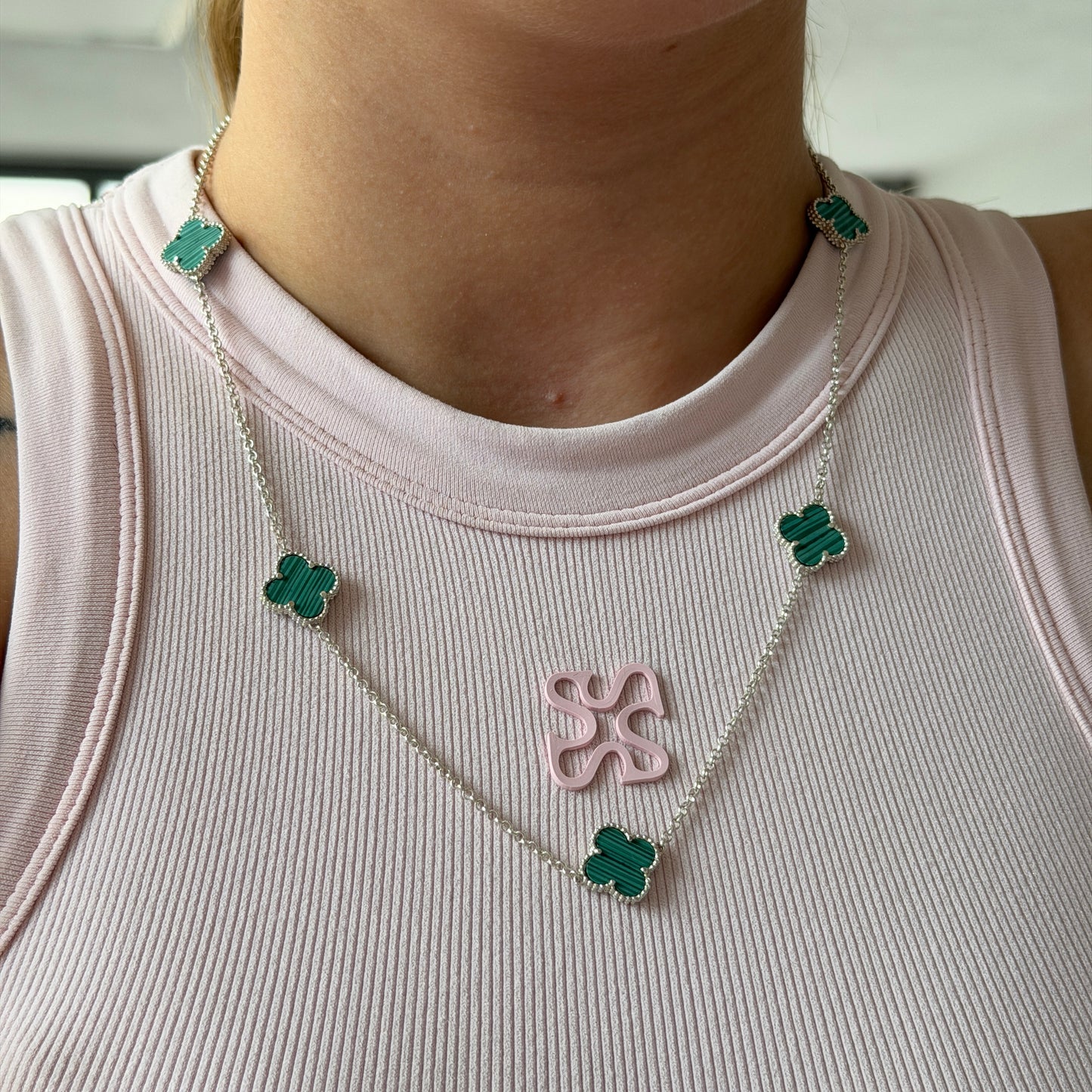 925 SILVER MALACHITE GREEN STONE 5 CLOVER CHAIN - 43CM TO 50CM