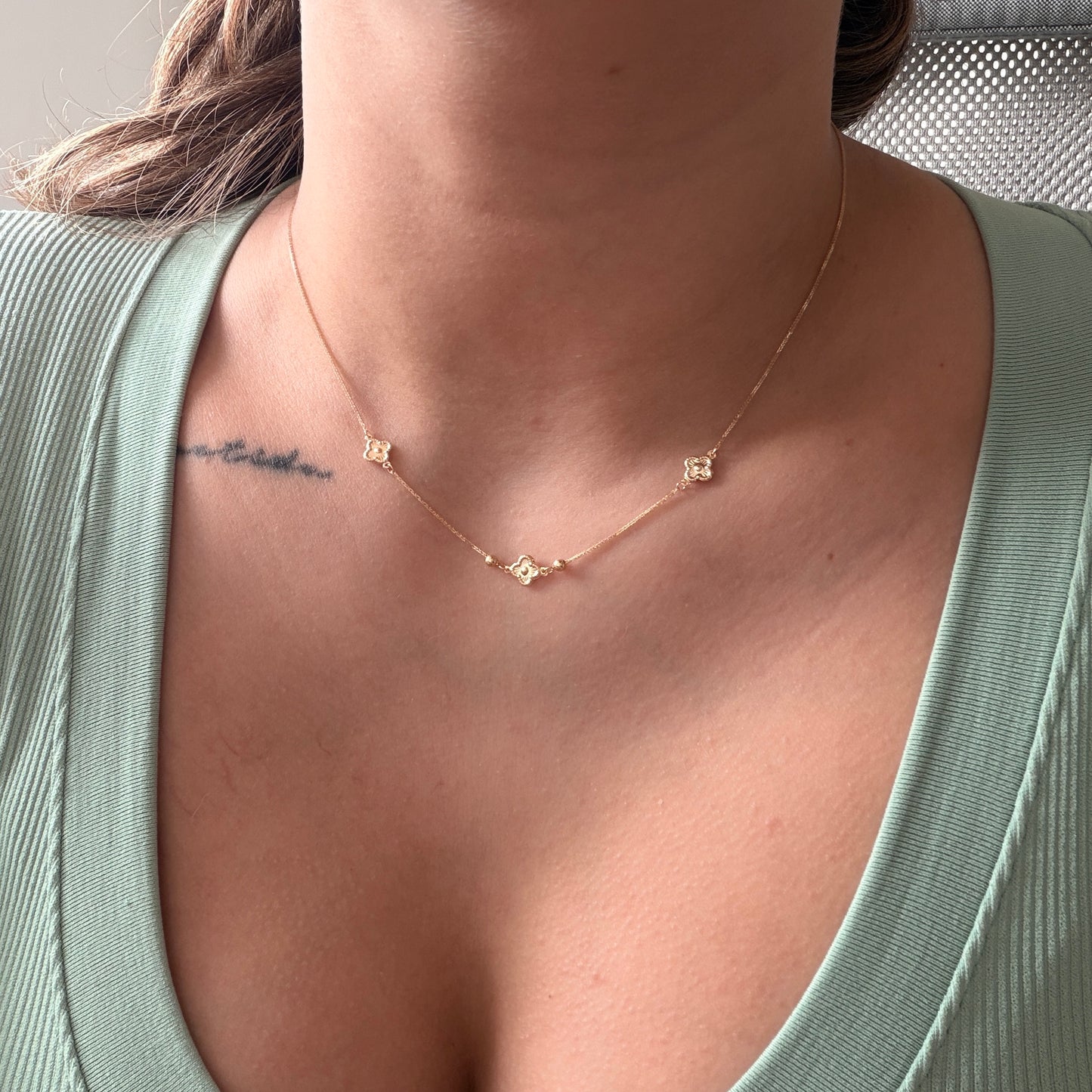 MINI FRANCO CHAIN + CLOVER CHARMS YELLOW GOLD ITALY 18K 42CM TO 45CM - 1.12GR