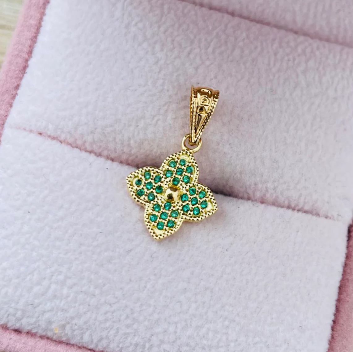 FLOWER PENDANT GREEN STONES 2CM 18K YELLOW GOLD - 1.02GR