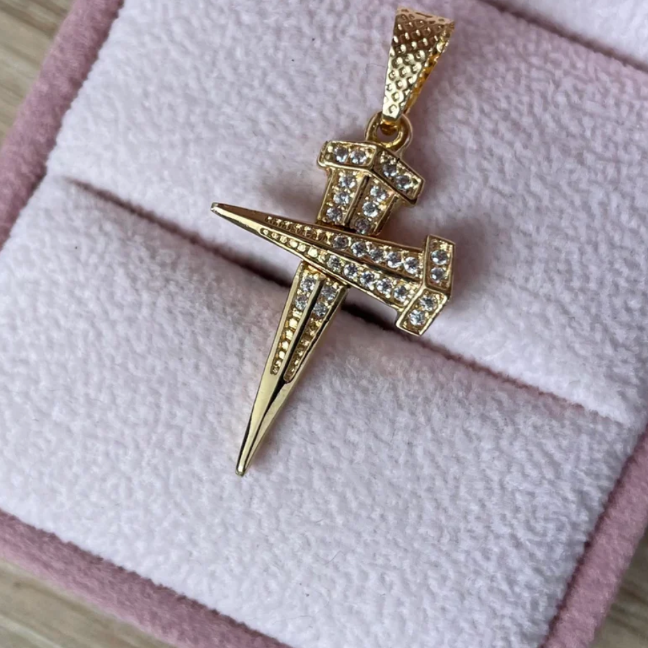 CROSS PENDANT WITH NAIL AND WHITE STONES 3.2CM 18K YELLOW GOLD - 2.40GR