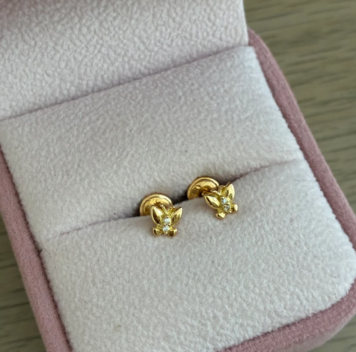 BUTTERFLY STUDS WHITE STONES 4.8MM 18K YELLOW GOLD - 0.83GR
