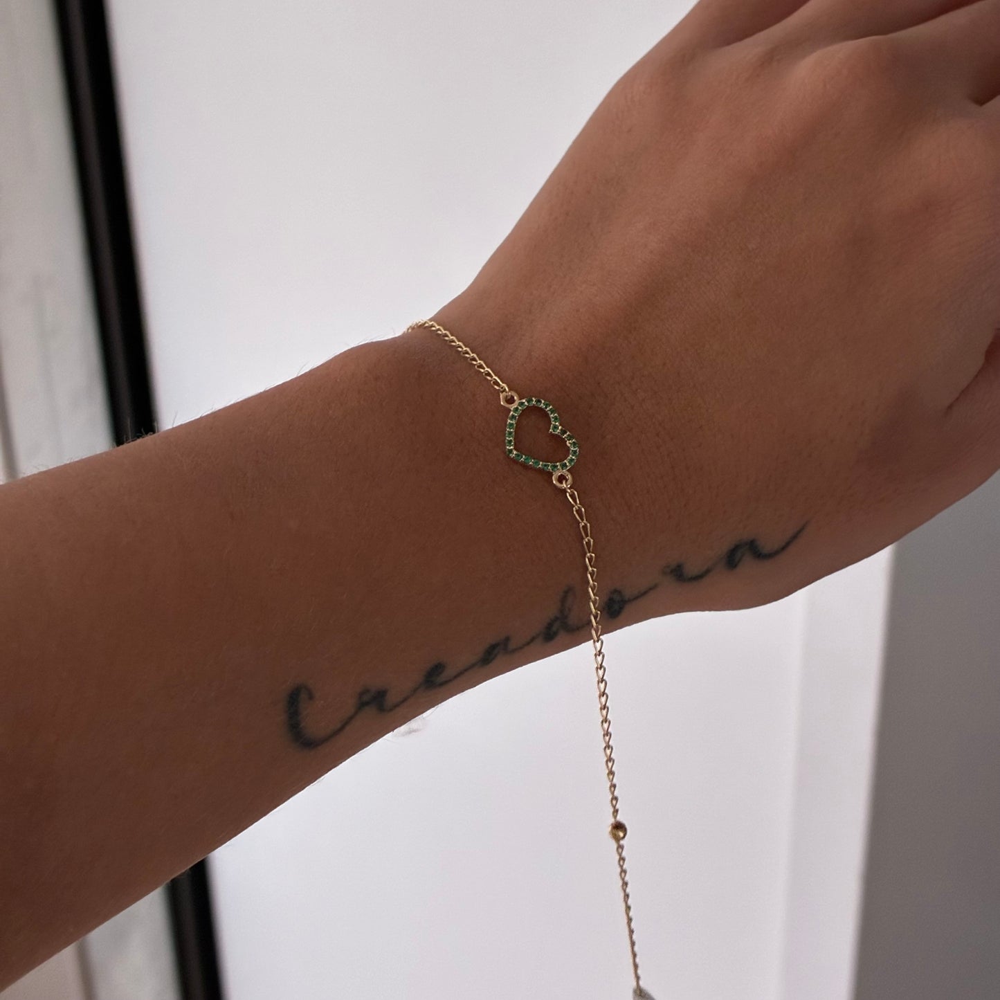 TOBILLERA CUBANA + CORAZON PIEDRAS VERDES ORO AMARILLO 18K - 24,5CM - 1,84GR *BD*