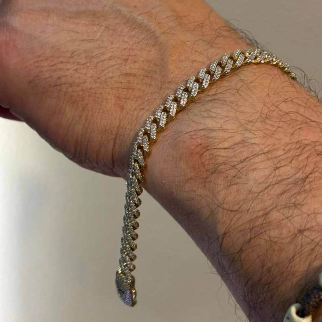 MONACO CUBAN BRACELET 5.5MM WHITE STONES ITALIAN YELLOW GOLD ESP 18K - 20CM 11.63GR