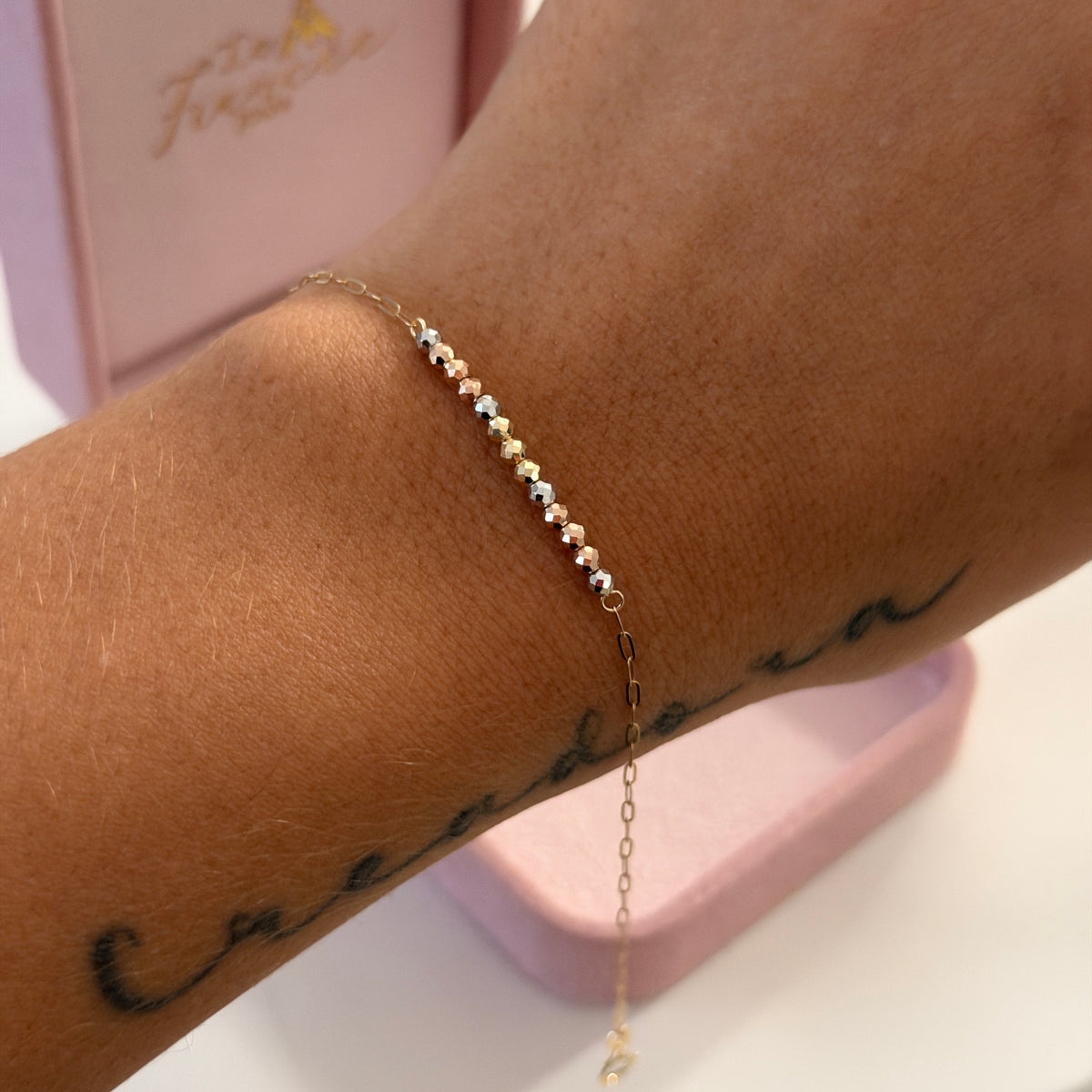PULSERA MINI CLIP + BOLAS DIAMANTADAS TRES OROS ITALY ESP 18K 17CM A 19CM - 0,68GR