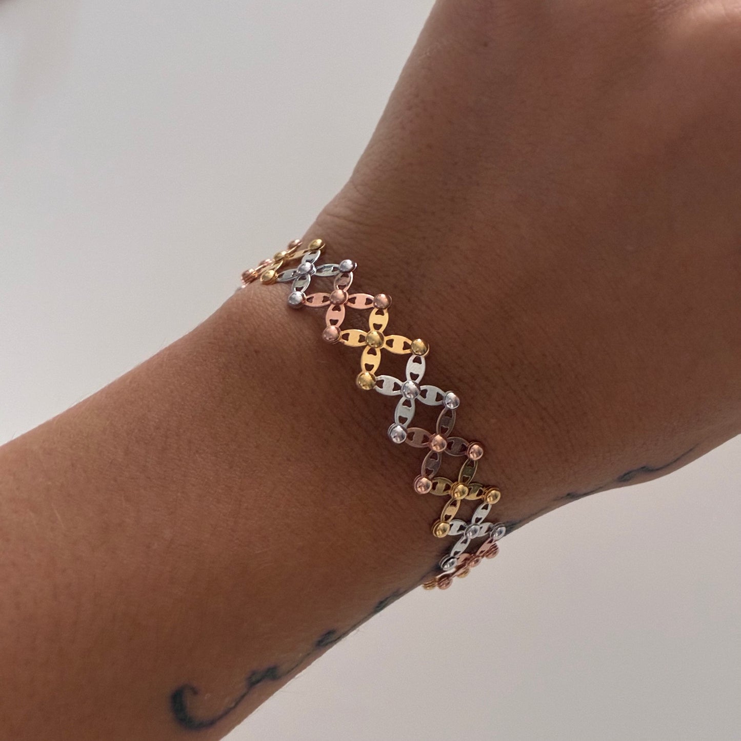 2 IN 1 RING AND BRACELET LADDER WEAVE THREE GOLD 18K ITALY ADJUSTABLE - 9.1GR