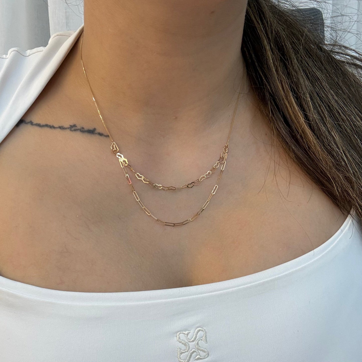 MINI FRANCO + PAPERCLIP AND HEARTS CHAIN YELLOW GOLD ITALY ESP 18K 42CM TO 45CM - 1.19GR