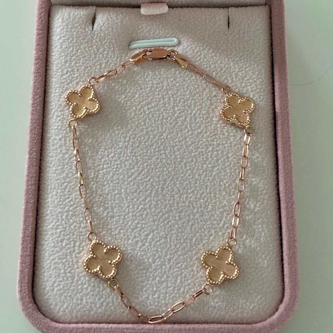 PULSERA PAPER CLIP + TREBOL DIAMANTADO LISO ORO ROSADO COL 18K 18CM - 3,25GR