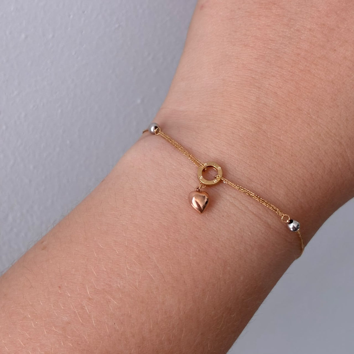 PULSERA MINI FRANCO +CIRCULO CORAZON Y BOLAS 3 MM LISAS TRES OROS ITALY ESP 18K 17CM A 20CM - 0,74GR