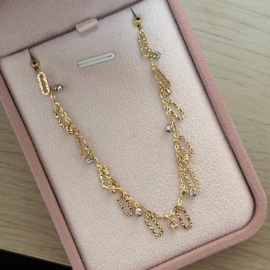 MINI ROLON CHAIN + CHARMS AND DIAMOND BALLS THREE GOLD ITALY 18K - 42CM TO 44CM 4.18GR