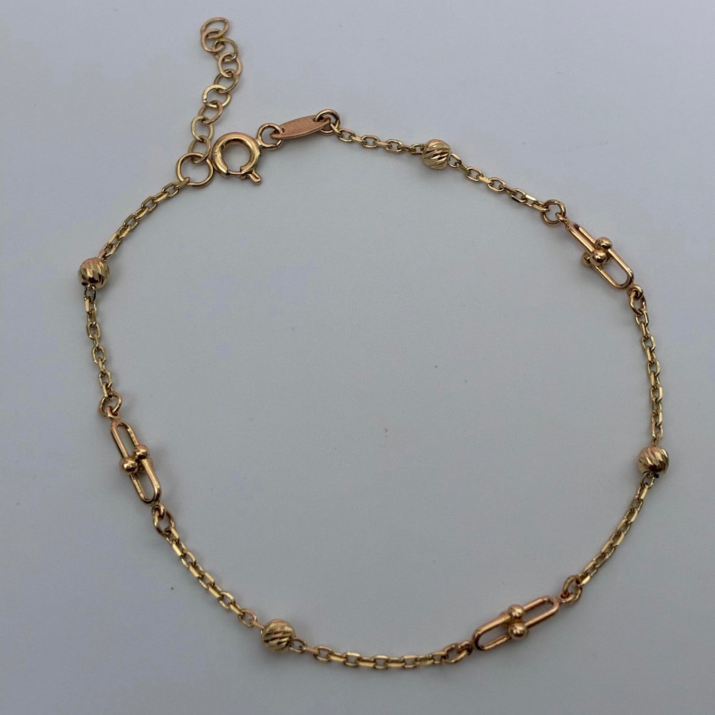 MINI ROLON BRACELET + 3MM DIAMONDS BALLS AND PAPER CLIP HUGS YELLOW GOLD ITALY ESP 18K 16.5CM TO 18.5CM - 2.29GR