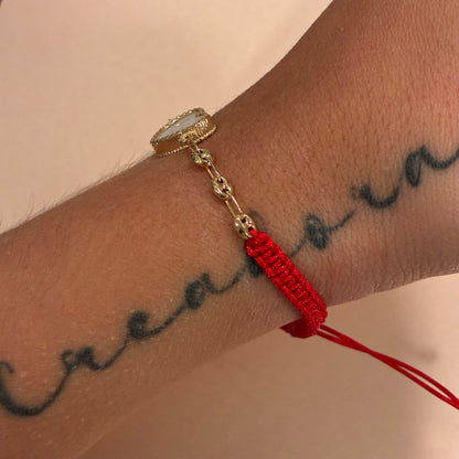 RED STRAND BRACELET WHITE HEART CHARM + COFFEE BEAN 18K YELLOW GOLD - 1.69GR