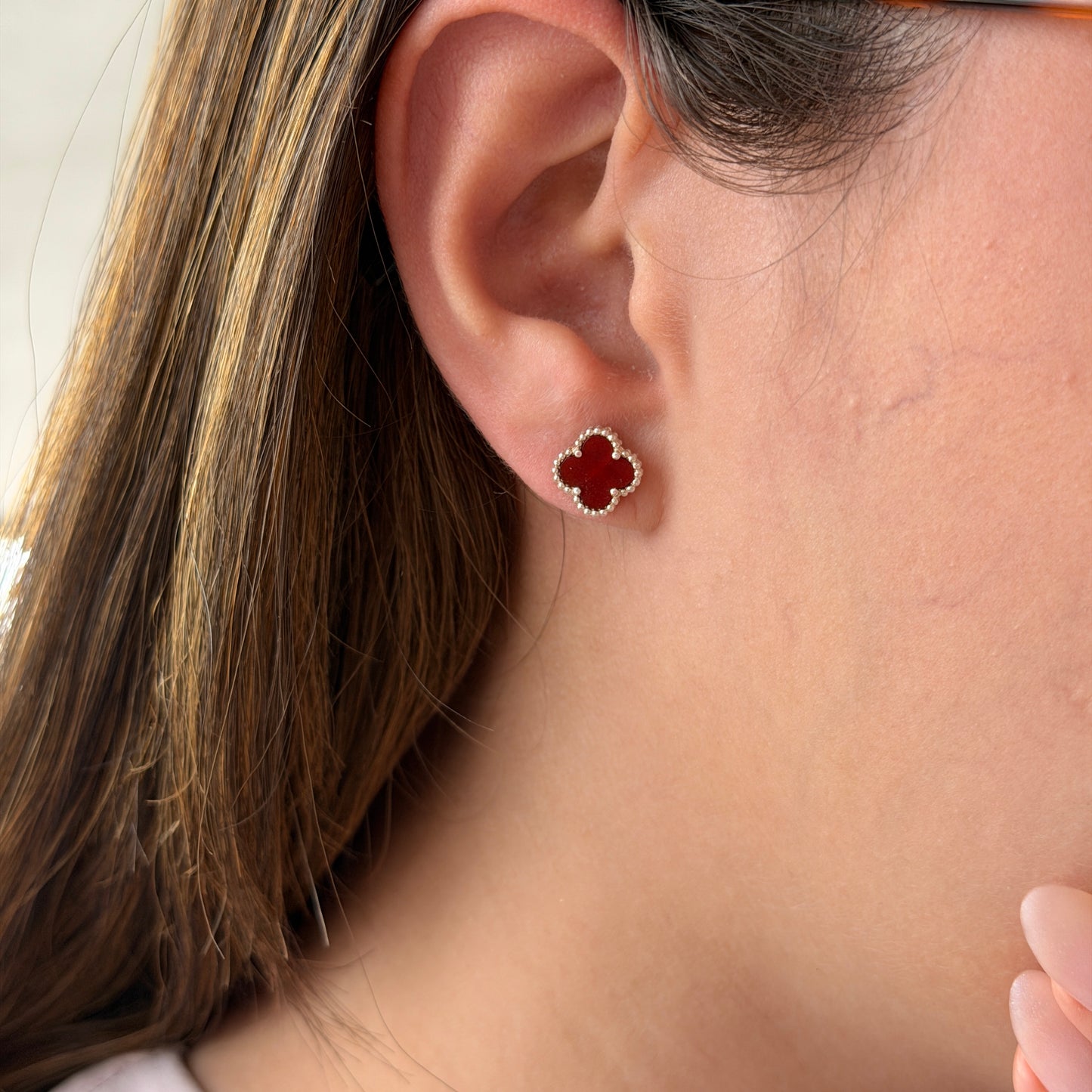 TOPOS MINI TREBOL PIEDRA ROJA PLATA 925
