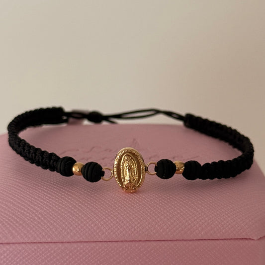 BLACK THREAD BRACELET VIRGIN OF GUADALUPE + 2 3M YELLOW GOLD 18K BALLS 0.5GR