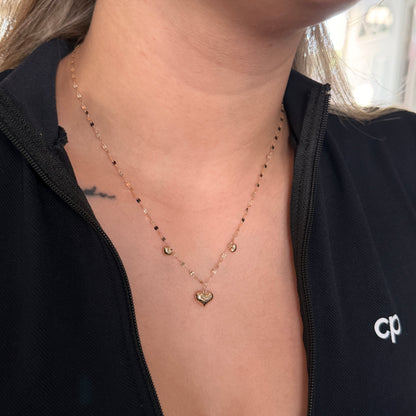 CADENA CRISPETA 1MM + 3 DIJES DE CORAZON LISO ORO AMARILLO ITALY 18K 45CM - 1,19GR