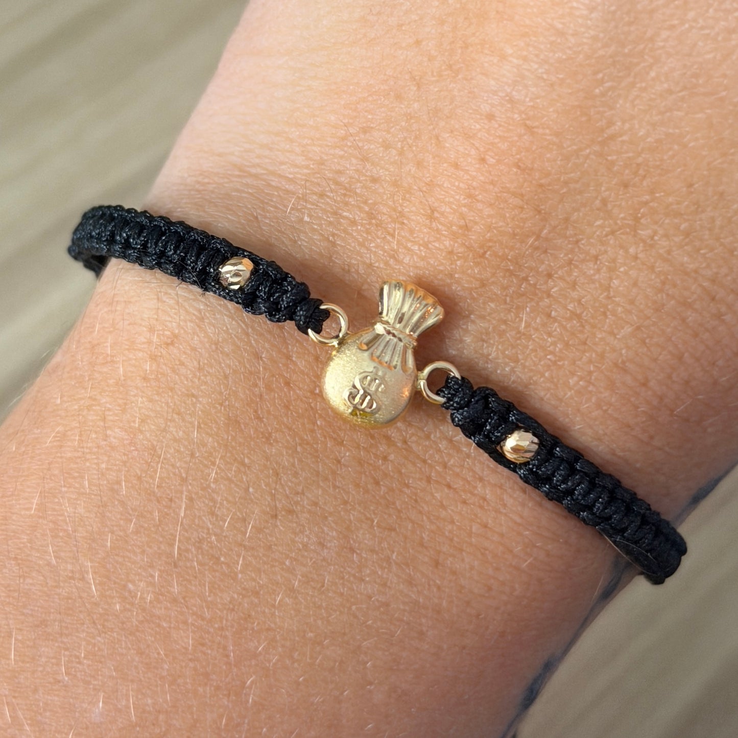 BLACK STRING BRACELET MONEY BAG + 2 DIAMOND CUT BEADS 3MM YELLOW GOLD 18K PLATED - 0.65GR