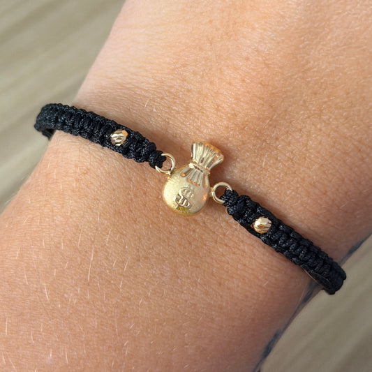 PULSERA HILO NEGRO BOLSA DE DINERO + 2 BOLAS DIAMANTADAS 3MM ORO AMARILLO COL 18K - 0,65GR