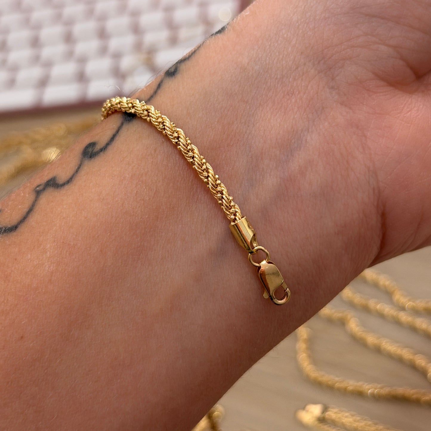 RIBBON BRACELET + MILITARY DIAMOND CUT 2.9MM YELLOW GOLD ITALY 18K -19CM 4.47GR