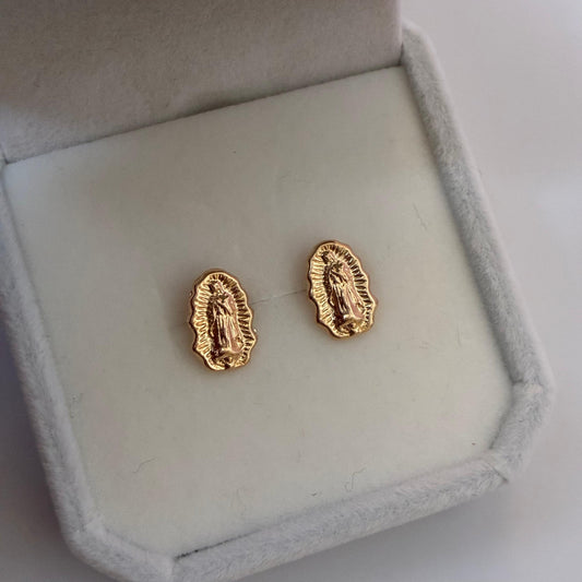 VIRGIN OF GUADALUPE SILHOUETTE STUDS 1CM YELLOW GOLD COL 18K - 0.83GR