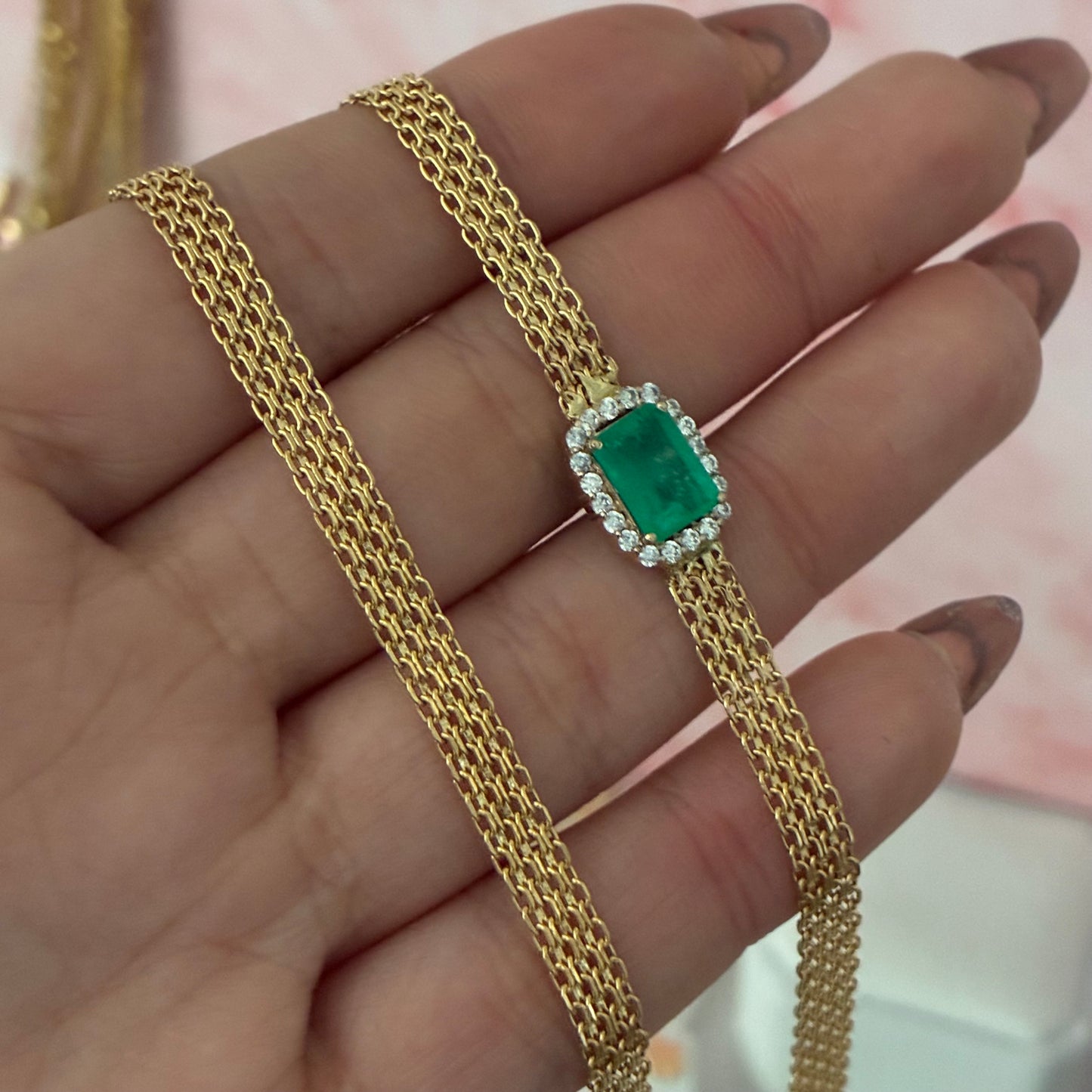 DOUBLE CHAIN ​​CHAIN ​​5MM + NATURAL EMERALD PENDANT 0.60QTS + WHITE ZIRCONIAS 18K YELLOW GOLD ITALY 45CM - 7.9
