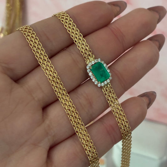 DOUBLE CHAIN ​​CHAIN ​​5MM + NATURAL EMERALD PENDANT 0.60QTS + WHITE ZIRCONIAS 18K YELLOW GOLD ITALY 45CM - 7.9