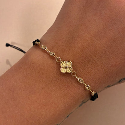 BLACK THREAD BRACELET WITH DIAMOND CLOVER CHARM + COFFEE BEAN 18K YELLOW GOLD - 0.84GR