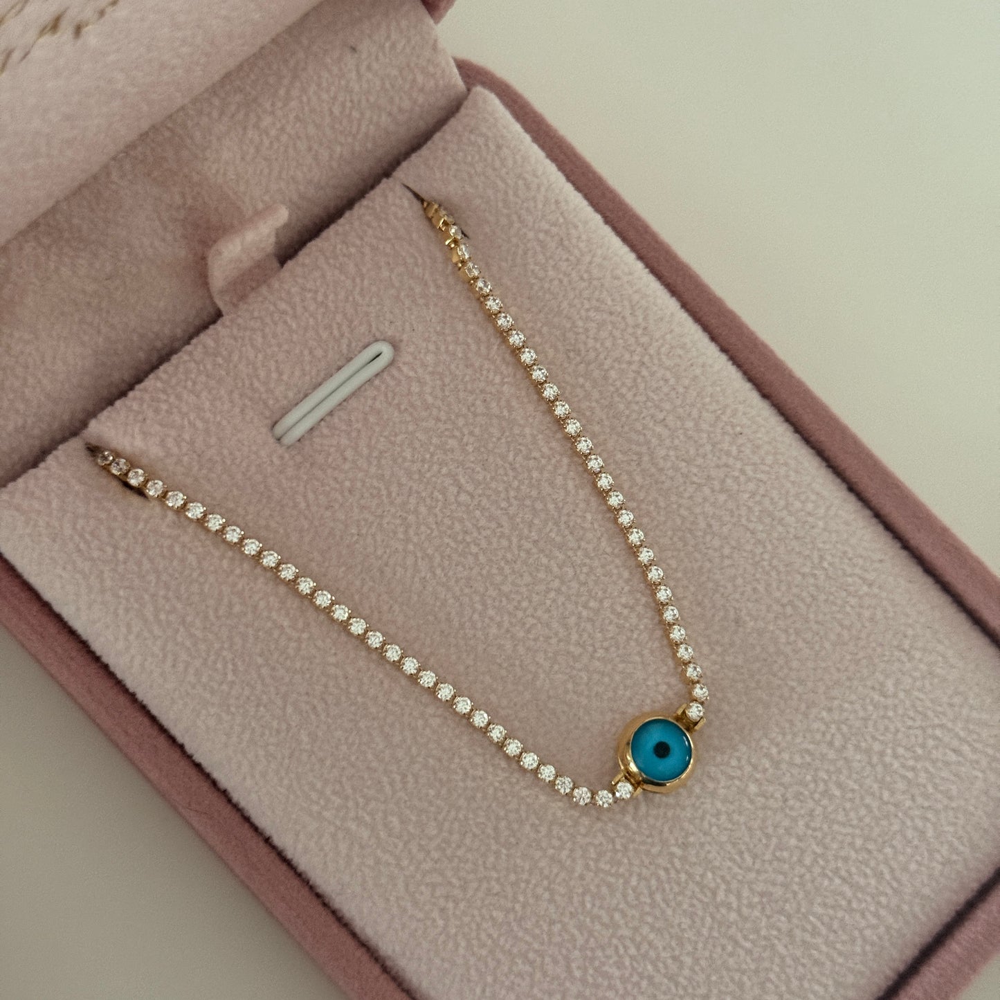 TENNIS BRACELET WITH WHITE ZIRCONS + TURKISH EYE IN YELLOW GOLD, ITALY ESP 18K, 19CM - 3.0GR