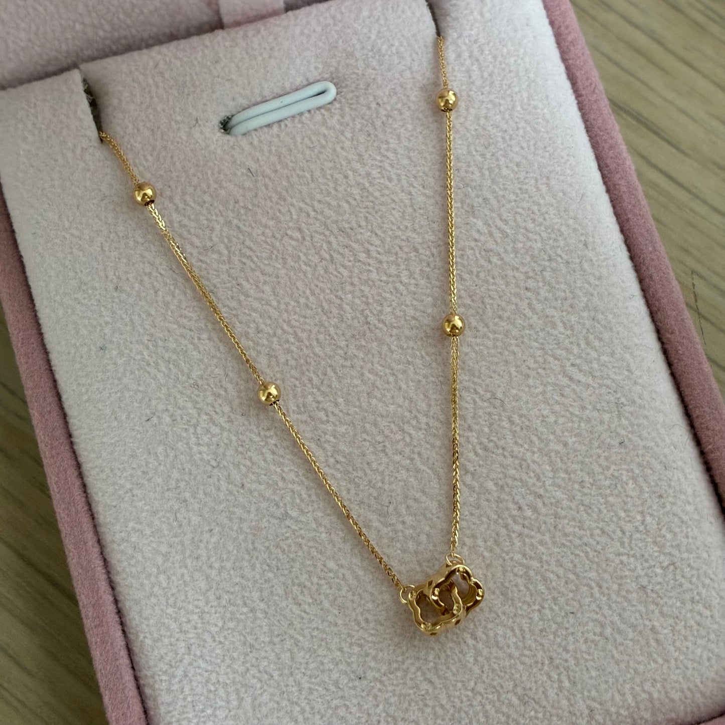 MINI FRANCO CHAIN + INTERLOCKED CLOVERS AND SMOOTH BEADS YELLOW GOLD ITALY ESP 18K 42CM TO 45CM - 1.13GR