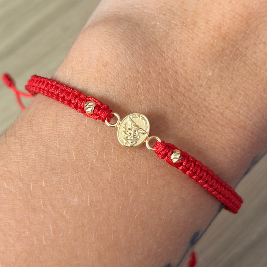 PULSERA HILO ROJO SAN MIGUEL + 2 BOLAS DIAMANTADAS 3MM ORO AMARILLO COL 18K - 0,45GR