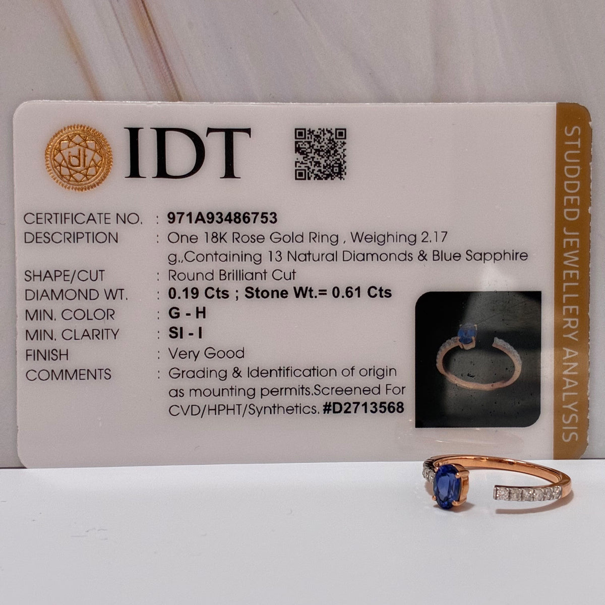 ANILLO SOLITARIO DIAMANTES NATURALES 0,19QTS + ZAFIRO NATURAL CENTRAL 0,61QTS ORO ROSA ITALY 18K TALLA 7 - 2,17GR