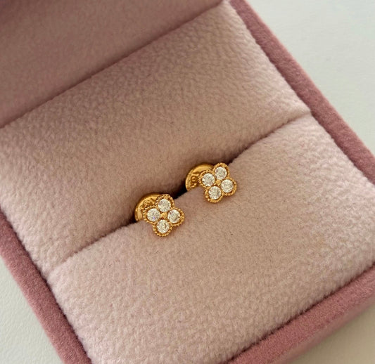 Clover Stud Earrings 6mm White Stones Yellow Gold 18K - 0.8g