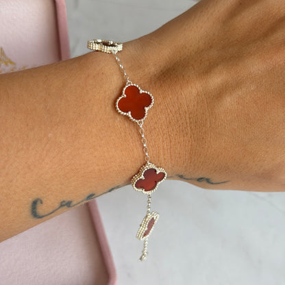 PULSERA 5 TREBOLES PIEDRA ROJA PLATA 925 - 18CM