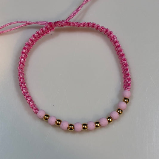 PINK THREAD BRACELET WITH 8 SMOOTH 3MM BEADS IN 18K YELLOW GOLD - 0.4GR