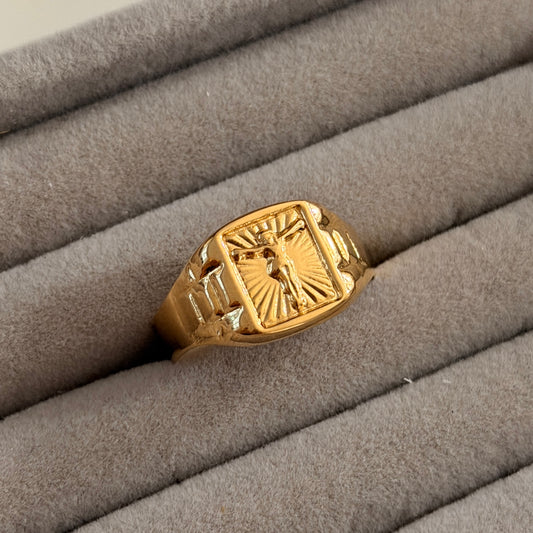 WATCH-STYLE RING WITH CHRIST, YELLOW GOLD, 18K, SIZE 12.5 - 2.91GR