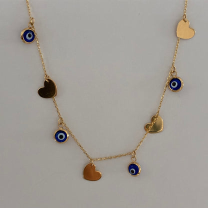 Turkish Eye Nazar Heart Bracelet, Yellow Gold, Italy, 18K, 17cm to 19cm - 1.95g