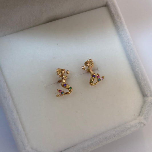 Mermaid Stud Earrings with Colored Stones, 18K Yellow Gold - 0.85g