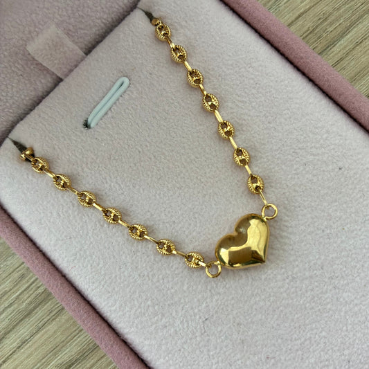 PULSERA GRANO DE CAFÉ DIAMANTADO Y HERRAJE DE CORAZON ORO AMARILLO COL 18K 17.5CM - 2.16GR