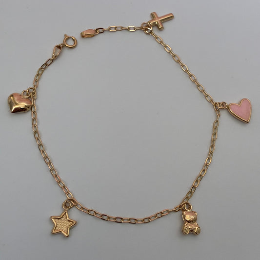 PULSERA DE LOS SUEÑOS CON DIJES OSOS + ESTRELLA + CORAZON + CRUZ ORO AMARILLO COL 18K 19CM - 2,55GR