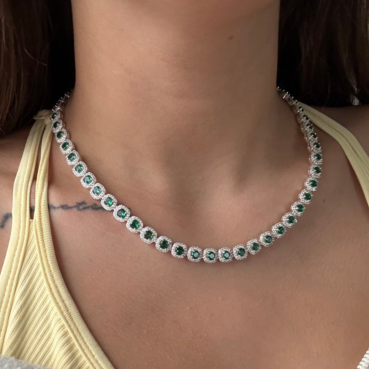 CADENA PRINCESS PIEDRAS BLANCAS Y VERDES 8MM PLATA 925 - 45CM