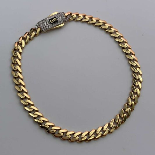 PULSERA CUBANA MONACO LISA + BROCHE PIEDRAS BLANCAS 5MM ORO AMARILLO ITALY 18K 20CM - 7,1GR